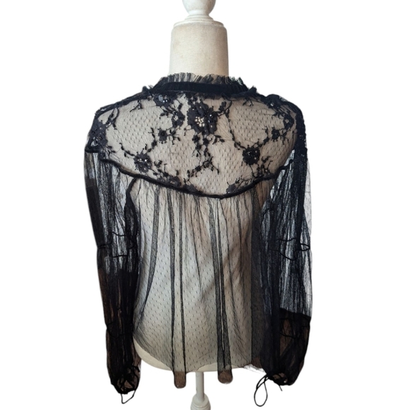 Zara Woman Embroidered sheer Tulle Top Witchy velvet Bow Black Size L - Picture 10 of 16